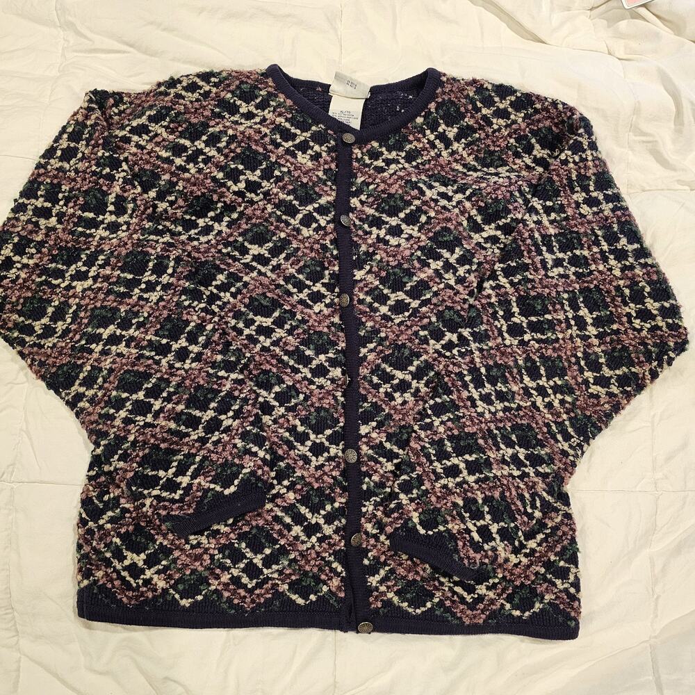 Vintage Northern Treasures Winter Cardigan Sweater XL crisscross pink blue